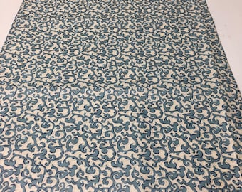 Blue tan white cotton Swirl Print Table Runner, 18 x 52 inches