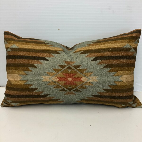 Handmade accent lumbar pillow Southwest pattern teal gold rust brown 13 by 20 inch zipper closure READY TO SHIP!