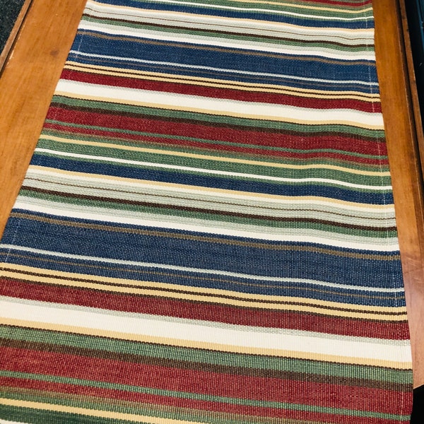 Farmhouse Table runner rustic woven  stripe red cream blue green tan brown 18 by 51 inches READY TO SHIP!