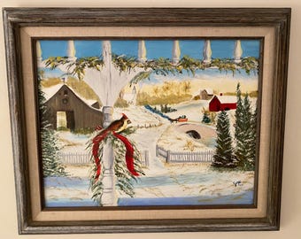 Vintage Winter Landscape Oil Painting with Cardinal, Signed 'Joye' (Framed)