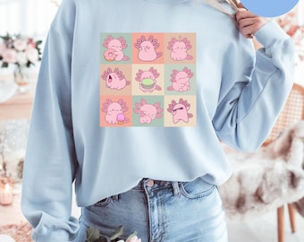 Cute Axolotl Shirt, Kawaii Amphibian Tee or Sweatshirt, Axolotl Lover Gift, Vintage Style Apparel, Gift for Her or Birthday