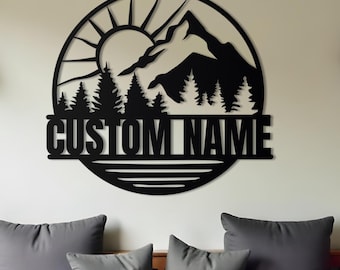 Personalized Mountain Metal Sign | Custom Family Name Wall Art | Custom Nature and Forest Decor | Outdoor Metal Sign | Personalized Gift