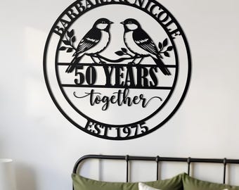 Personalized 50th Anniversary Metal Sign | Custom Wedding Gift | Personalized 50th Wedding Anniversary Gifts | Lover Birds Metal Art Wall