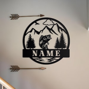 Kundenspezifisches Fisch-Metallnamen-Zeichen | Benutzerdefinierte Angeln Zeichen | Angeln Geschenk für Männer | Outdoor Barsch Angeln Schild | Fischer Geschenk | Trauzeugen Geschenk