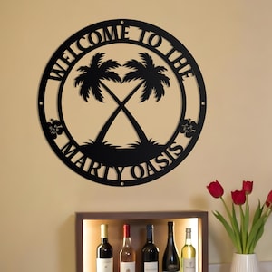 Personalized Tropical Themed Welcome Sign | Custom Tropical Sign | Pool Metal Sign Custom | Metal Palm Tree Sign | Metal Hibiscus Wall Sign