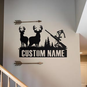 Custom Deer Metal Sign | Personalized Bow and Hunting Rifle Sign | Deer Hunter Gifts | Cabin Sign Metal | Hunter Metal Art | Gift for Dad