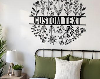 Letrero de metal con flores silvestres personalizado / Letrero de metal personalizado / Decoración de pared de metal con flores de primavera / Letrero de apellido familiar personalizado / Letrero de bienvenida grande
