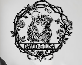 Skeleton Custom Couple Metal Sign | Gothic Wedding Anniversary Gift | Personalized Skull Name Sign