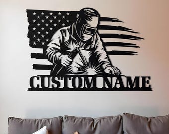 Custom Construction Welder Metal Sign | Personalized Welder Wall Art | Gift for Welder | Welding Metal Sign | US Flag Sign | Work Shop Decor