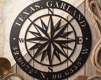 Personalized Compass Metal Sign | Metal Compass Decor | Custom Coordinates Sign Nautical Decor | Patina Compass | Compass Rose Wall Art