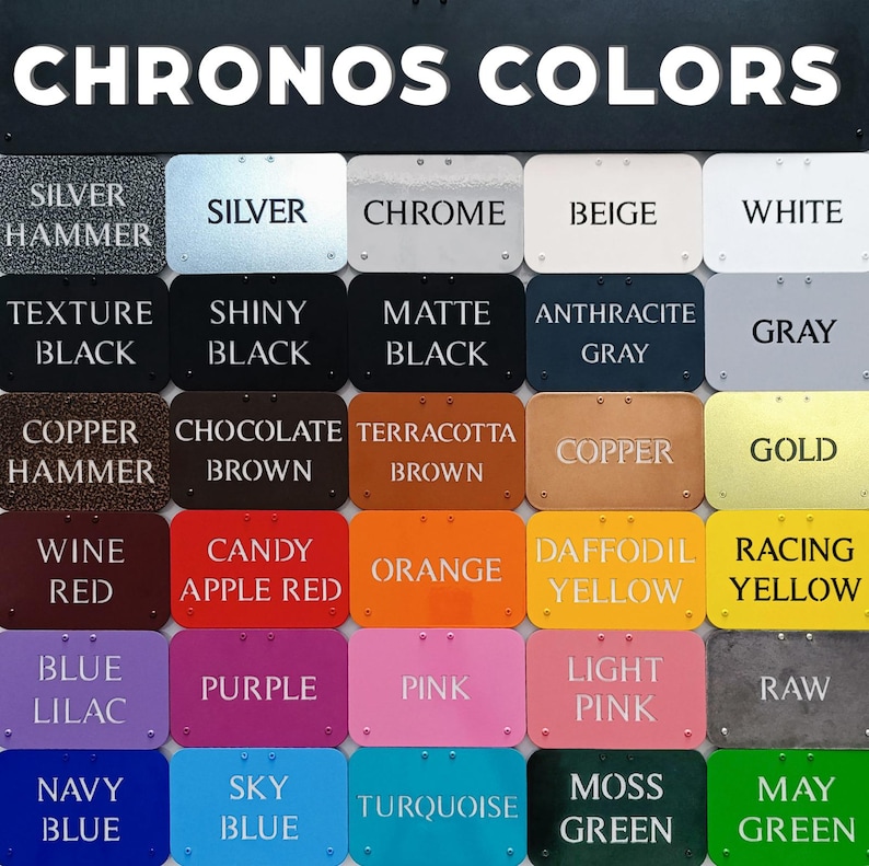 May include: A colour chart displaying 20 different colours and finishes for Chronos products. The colours include silver hammer, silver, chrome, beige, white, texture black, shiny black, matte black, anthracite grey, grey, copper hammer, chocolate brown, terracotta brown, copper, gold, wine red, candy apple red, orange, daffodil yellow, racing yellow, blue lilac, purple, pink, light pink, raw, navy blue, sky blue, turquoise, moss green, and may green.