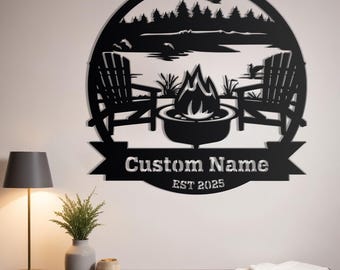 Outdoor Metall Wand Kunst | Benutzerdefinierte Camping Geschenke Feuerstelle Schild | Personalisiertes Lagerfeuer-Schild | Camper Dekor | Außenschild | Zeltplatz Schild