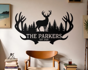 Custom Hunting Metal Sign | Personalized Family Name Monogram Sign | Nature Housewarming Gift