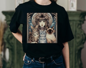 Cat Lover's T-Shirt, Mystic, Tarot, Boho Cat Art Tee, Unisex Animal Lover T-Shirt, Cute Gift for Cat Owners, Cozy Everyday Shirt