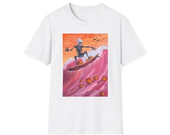 Surfing Skeleton T-Shirt for Halloween, Unisex Softstyle Tee, Casual Halloween Outfit, Unique Gift for Surf Lovers, Spooky Beachwear