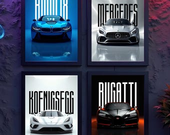 May include: Four framed car posters featuring BMW, Mercedes, Koenigsegg, and Bugatti. Each poster displays a car model with the brand name in bold, vertical text. The cars are in blue, silver, white, and black, respectively.