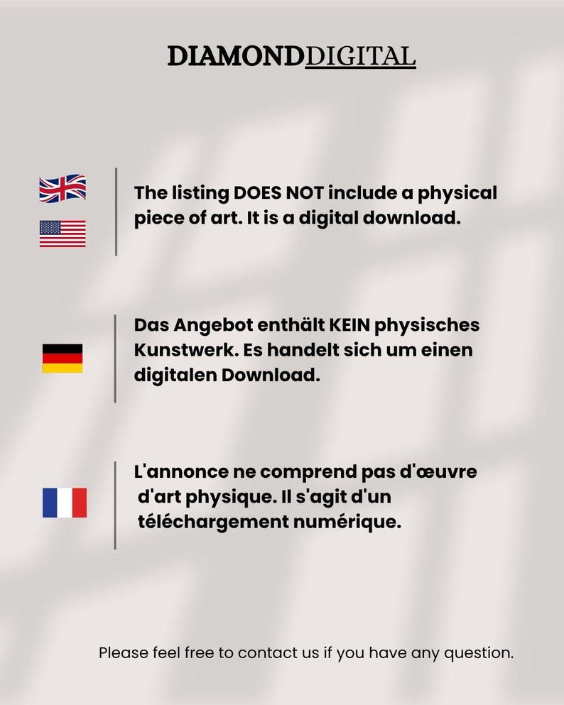 Puede incluir: Un anuncio de arte digital con el texto "DIAMOND DIGITAL". El anuncio no incluye una obra de arte f&iacute;sica, es una descarga digital. Incluye texto en ingl&eacute;s, alem&aacute;n y franc&eacute;s, con las banderas correspondientes.
