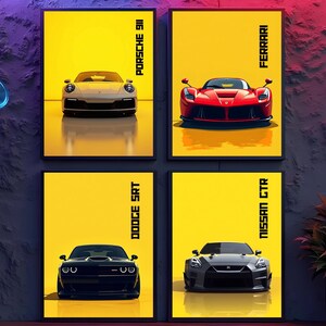 May include: Four framed posters showcasing sports cars: a Porsche 911, a red Ferrari, a black Dodge SRT, and a grey Nissan GT-R. Each car is set against a bright yellow background with the car's name in bold, vertical text.