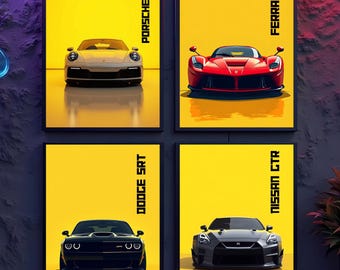 May include: Four framed posters featuring sports cars: a Porsche 911, a red Ferrari, a black Dodge SRT, and a gray Nissan GT-R. Each car is set against a bright yellow background with the car's name in bold, vertical text.