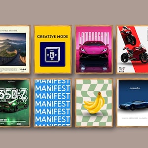 Puede incluir: Ocho impresiones art&iacute;sticas enmarcadas con varios dise&ntilde;os. Las impresiones incluyen im&aacute;genes de la Gran Muralla China, un Lamborghini rosa, una motocicleta roja, un Nissan 350-Z verde, un pl&aacute;tano y el texto "MANIFEST". Los marcos son dorados.