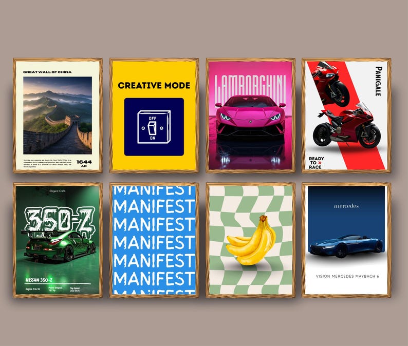 Puede incluir: Ocho impresiones art&iacute;sticas enmarcadas con varios dise&ntilde;os. Las impresiones incluyen im&aacute;genes de la Gran Muralla China, un Lamborghini rosa, una motocicleta roja, un Nissan 350-Z verde, un pl&aacute;tano y el texto "MANIFEST". Los marcos son dorados.