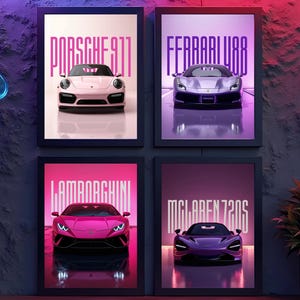May include: Four framed posters featuring luxury sports cars: a pink Porsche 911, a silver Ferrari, a magenta Lamborghini, and a purple McLaren 720S. Each poster has the car's name in large white text.