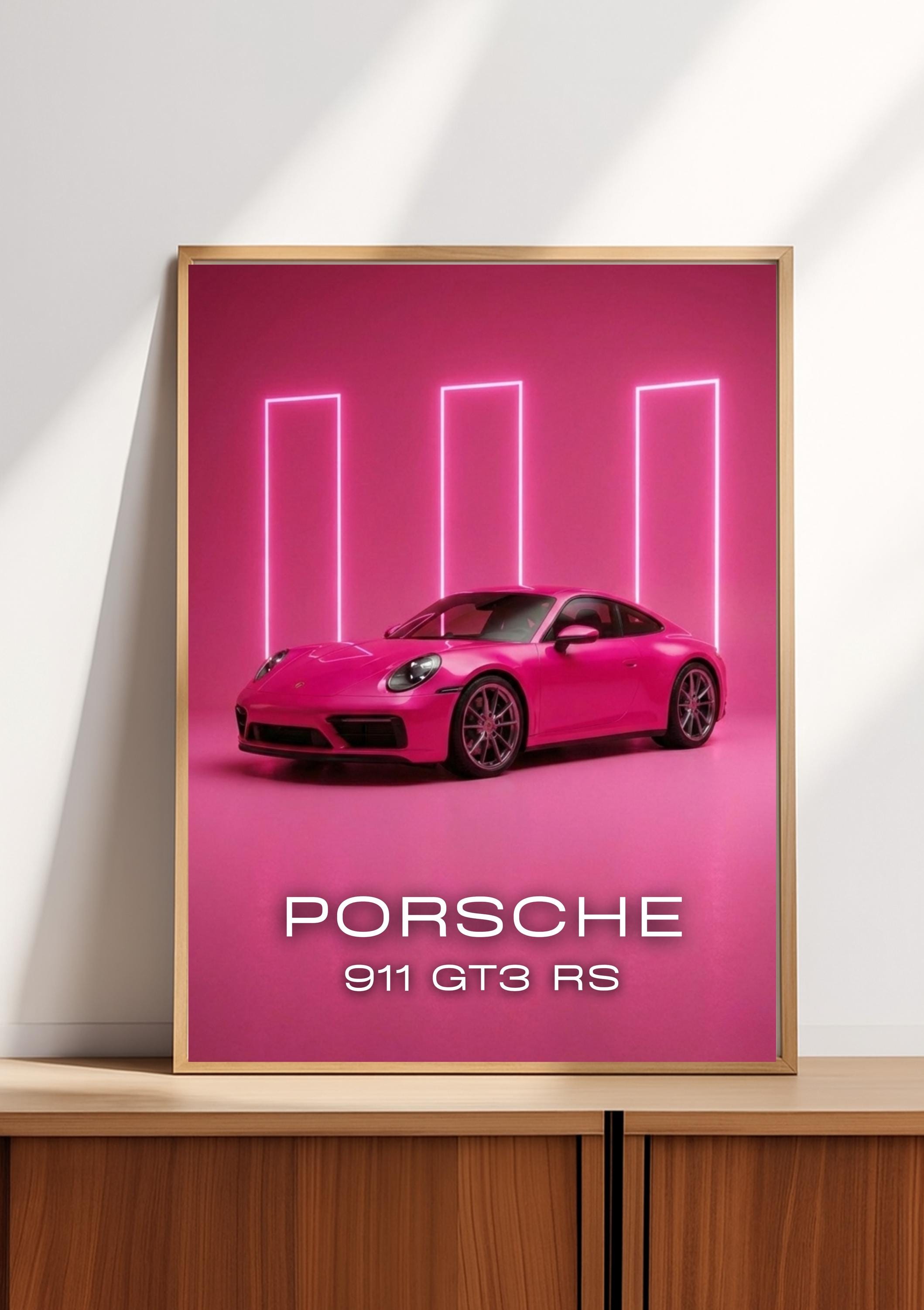 Pink Porsche 911 GT3 RS Poster, Neon Wall Art, Coquette Room Decor