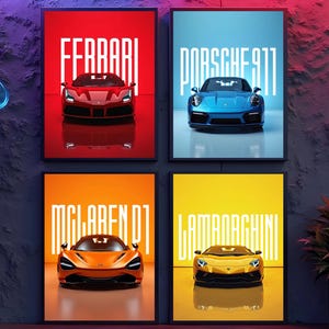 Supercar Digital Poster Set of 4 – Sports Car Wall Art Prints – Racing Car Decor for Man Cave, Boys Room & Garage – Instant Download