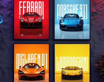 May include: Four framed posters featuring luxury sports cars: Ferrari, Porsche 911, McLaren, and Lamborghini. Each car is centered on a vibrant background, with the car's name in large, vertical white text above. The Ferrari is red, the Porsche is blue, the McLaren is orange, and the Lamborghini is yellow.