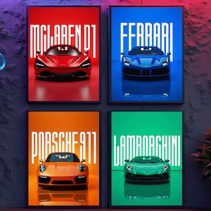 May include: Four framed posters showcasing luxury sports cars: a red McLaren, a blue Ferrari, an orange Porsche 911, and a green Lamborghini. Each car is centered on a coloured background with the car's name in white block letters.