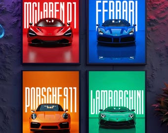 May include: Four framed posters featuring luxury sports cars: a red McLaren, a blue Ferrari, an orange Porsche 911, and a green Lamborghini. Each car is centered on a colored background with the car's name in white block letters.