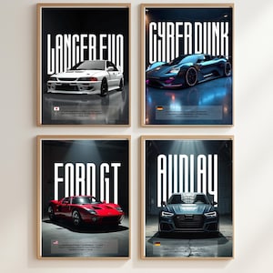 May include: Four framed automotive art prints. Each print features a different car model with the model name in large white text. The cars are a white Lancer Evo, a blue Cyberpunk car, a red Ford GT, and a dark gray Audi. Each print has a different country's flag.