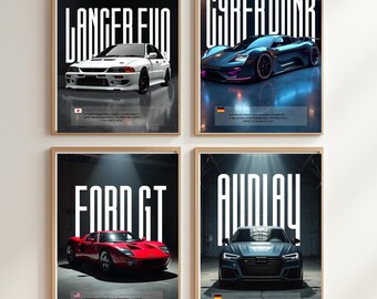 May include: Four framed automotive art prints. Each print features a different car model with the model name in large white text. The cars are a white Lancer Evo, a blue Cyberpunk car, a red Ford GT, and a dark gray Audi. Each print has a different country's flag.
