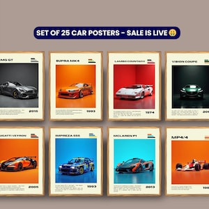 Puede incluir: Un conjunto de carteles de coches enmarcados, cada uno con un modelo diferente, como el AMG GT y el Bugatti Veyron, con el año de lanzamiento. El texto "SET OF 25 CAR POSTERS - SALE IS LIVE" está en la parte superior.