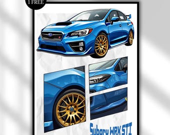 Plakat Subaru WRX STI: grafika ścienna z tuningowym samochodem JDM (do pobrania w formacie A1)
