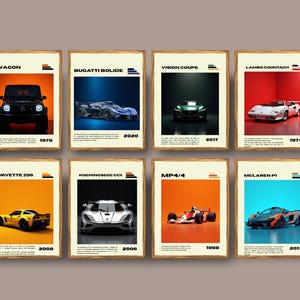 Puede incluir: Ocho l&aacute;minas enmarcadas con varios modelos de coches, incluyendo un GWAGON negro de 1979, un Bugatti Bolide azul de 2020 y un Lambo Countach blanco de 1974. Otros modelos incluyen un Corvette Z06, Koenigsegg CCX, MP4/4 y McLaren P1.