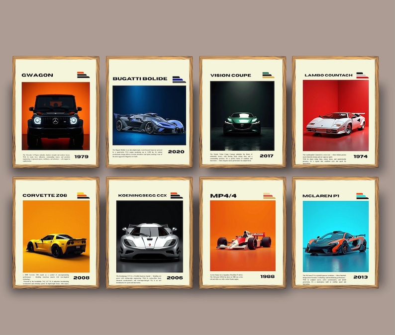 Puede incluir: Ocho l&aacute;minas enmarcadas con varios modelos de coches, incluyendo un GWAGON negro de 1979, un Bugatti Bolide azul de 2020 y un Lambo Countach blanco de 1974. Otros modelos incluyen un Corvette Z06, Koenigsegg CCX, MP4/4 y McLaren P1.