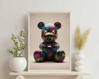 【美品】ストリートアート キャンバスパネル クマ ベア グラフィティ 壁掛け KAWS Style Graffiti Bear Wall Art | Pop Art Poster | Street Art