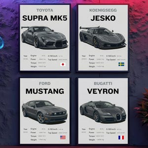 May include: Four framed posters featuring grey sports cars: a Toyota Supra MK5, a Koenigsegg Jesko, a Ford Mustang, and a Bugatti Veyron. Each print includes the vehicle name, technical specifications like engine, power, torque, weight, and top speed, and a national flag.
