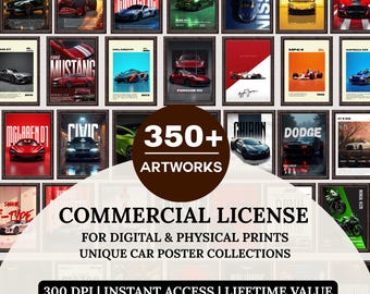 Más de 350 impresiones de arte mural de automóviles / Paquete de pósteres de coches / Supercoches, JDM, hipercoches, obras de arte de coches clásicos / Descarga digital con derechos de licencia