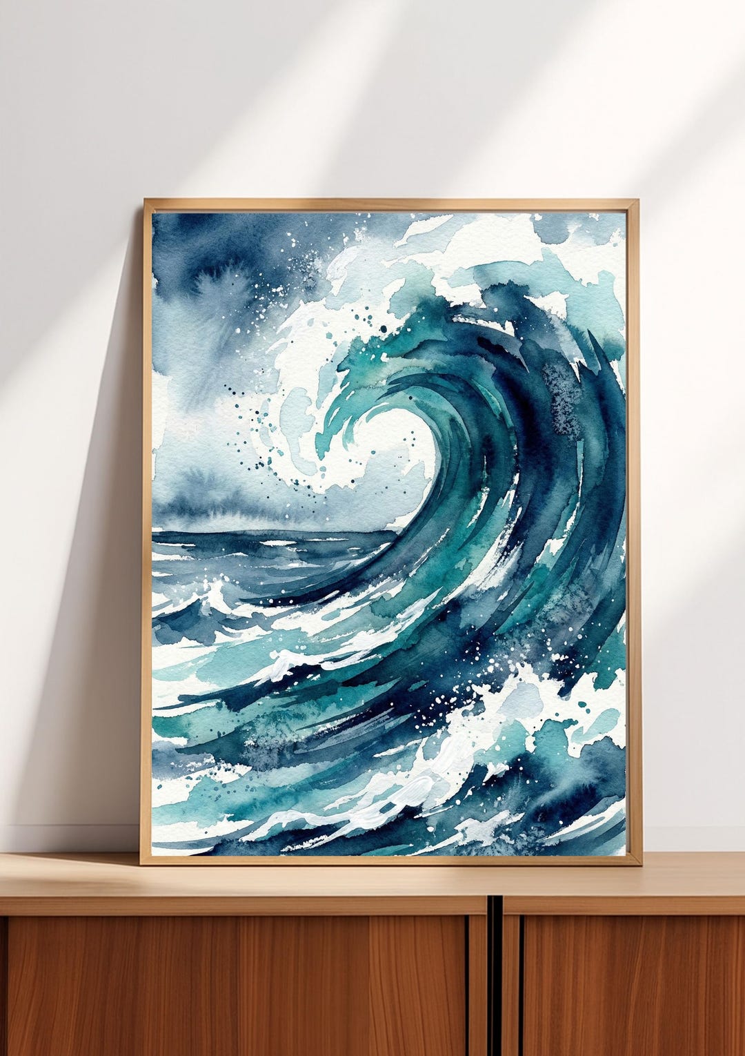 Blue Ocean Wave Wall Art, Watercolor Sea Print, Coastal Beach House ...