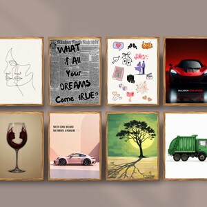 Puede incluir: Una colecci&oacute;n de ocho impresiones art&iacute;sticas enmarcadas. Las impresiones presentan diversos temas, incluyendo arte lineal abstracto, texto de peri&oacute;dico, ilustraciones rom&aacute;nticas, un coche deportivo rojo, una copa de vino con siluetas, un Porsche rosa, un &aacute;rbol y un cami&oacute;n de basura verde.