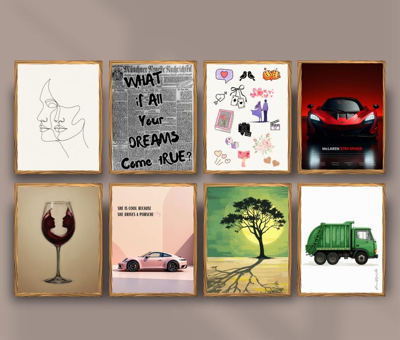 Puede incluir: Una colecci&oacute;n de ocho impresiones art&iacute;sticas enmarcadas. Las impresiones presentan diversos temas, incluyendo arte lineal abstracto, texto de peri&oacute;dico, ilustraciones rom&aacute;nticas, un coche deportivo rojo, una copa de vino con siluetas, un Porsche rosa, un &aacute;rbol y un cami&oacute;n de basura verde.