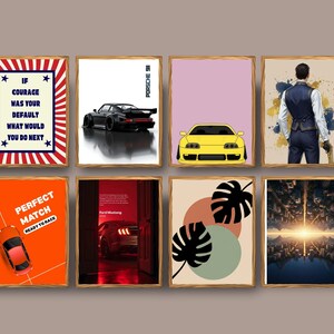 Puede incluir: Una colecci&oacute;n de impresiones art&iacute;sticas enmarcadas con varios temas. Una impresi&oacute;n muestra un dise&ntilde;o rojo, blanco y azul con el texto "IF COURAGE WAS YOUR DEFAULT WHAT WOULD YOU DO NEXT." Otras impresiones muestran coches, dise&ntilde;os abstractos y una figura.