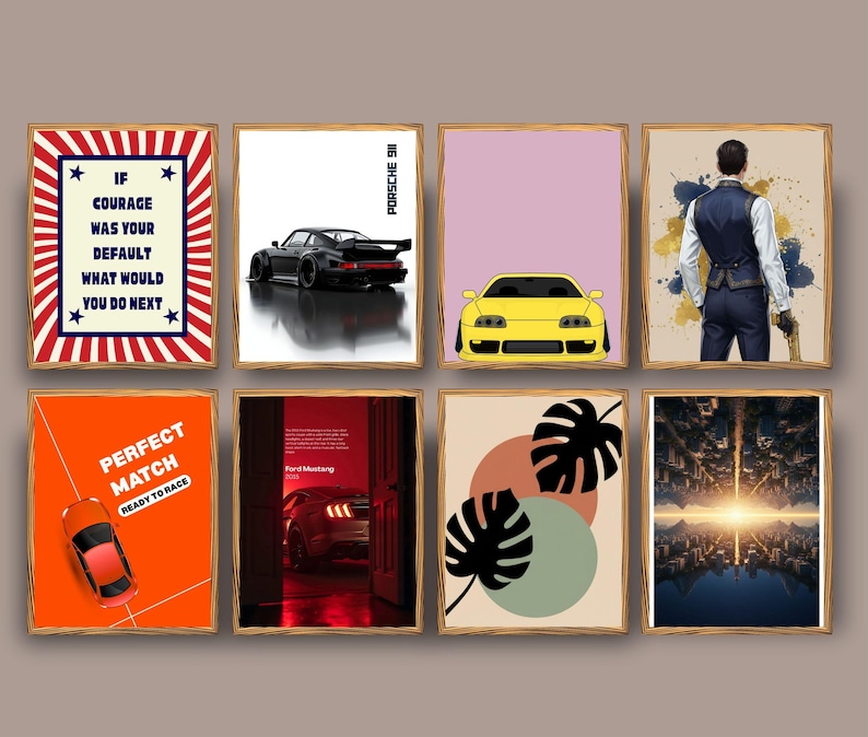 Puede incluir: Una colecci&oacute;n de impresiones art&iacute;sticas enmarcadas con varios temas. Una impresi&oacute;n muestra un dise&ntilde;o rojo, blanco y azul con el texto "IF COURAGE WAS YOUR DEFAULT WHAT WOULD YOU DO NEXT." Otras impresiones muestran coches, dise&ntilde;os abstractos y una figura.