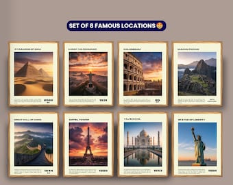 Conjunto de 8 impresiones de lugares emblemáticos / Paquete de carteles de viajes famosos / Arte mural de monumentos icónicos / Paquete de carteles digitales imprimibles / Regalo para viajeros