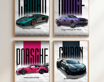 May include: Four framed posters featuring luxury sports cars: a teal Lamborghini Countach, a purple Dodge Challenger SRT Hellcat, a pink Porsche 911 GT3 RS, and a blue Bugatti Chiron. Each poster has the car's name in bold letters.