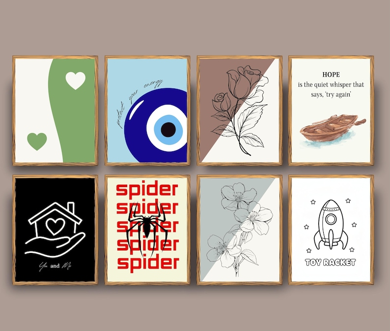 Puede incluir: Ocho impresiones art&iacute;sticas enmarcadas con varios dise&ntilde;os. Las impresiones incluyen un dise&ntilde;o abstracto verde y blanco con corazones, un ojo turco, una rosa, un barco con texto, una casa con un coraz&oacute;n, la palabra "ara&ntilde;a" repetida, flores y un cohete con las palabras "TOY RACKET".