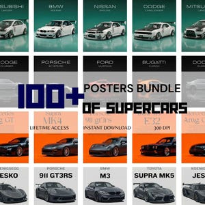 May include: A collection of car posters featuring various supercars, including Dodge, Porsche, and Bugatti. The posters are arranged in a grid, with the text "100+ Posters of Supercars" prominently displayed. The image includes car models like the Supra MK4 and BMW M3.