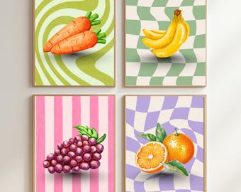 Colorful Fruit Pop Wall Art Set of 4 | Modern Kitchen Decor & Living Room Poster Bundle | Instant Digital Download For Gifting